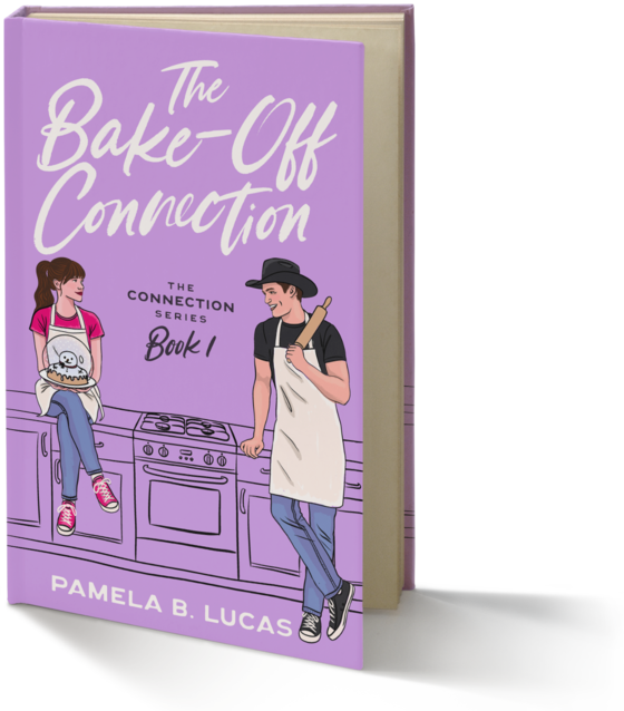 The Bake-Off Connection cover: Avaline and Leo in aprons in a lilac café kitchen